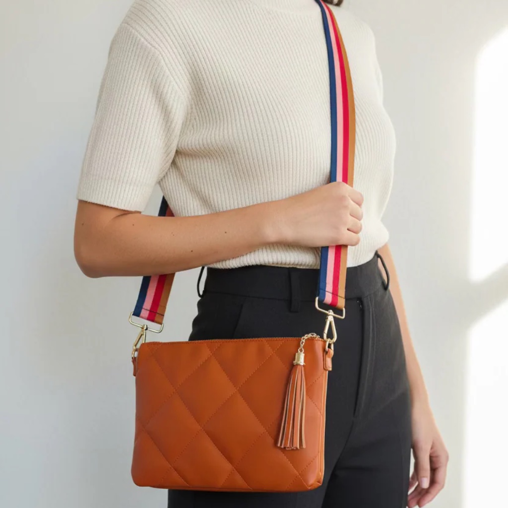 Nwt Quilted Crossbody Clutch Bag With Colorful Striped Camera Strap